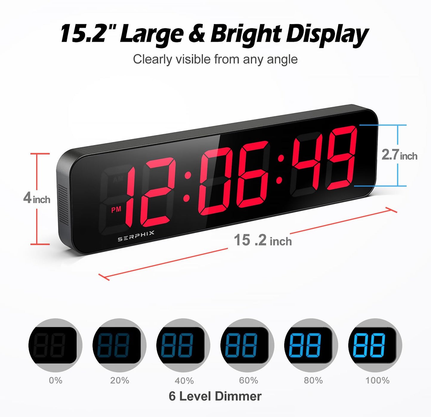 15.2" Gym Timer, Large Digital Gym Clock Wall with App & Remote Control, Customizable LED Colors, Count Down & Up, Stopwatch, Digital Timer for Fitness Classroom Home Garage Outdoor