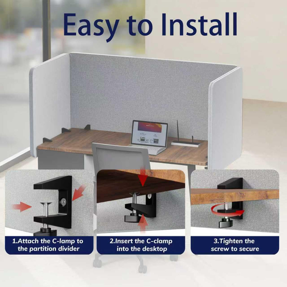 KERRAM Desk Privacy Panel 24 x 60 Inch, Sound Absorbing & Proof Desk Divider for Office, Clamp-on/Screw-on Acoustic Desk Back Panel Partition, Gray