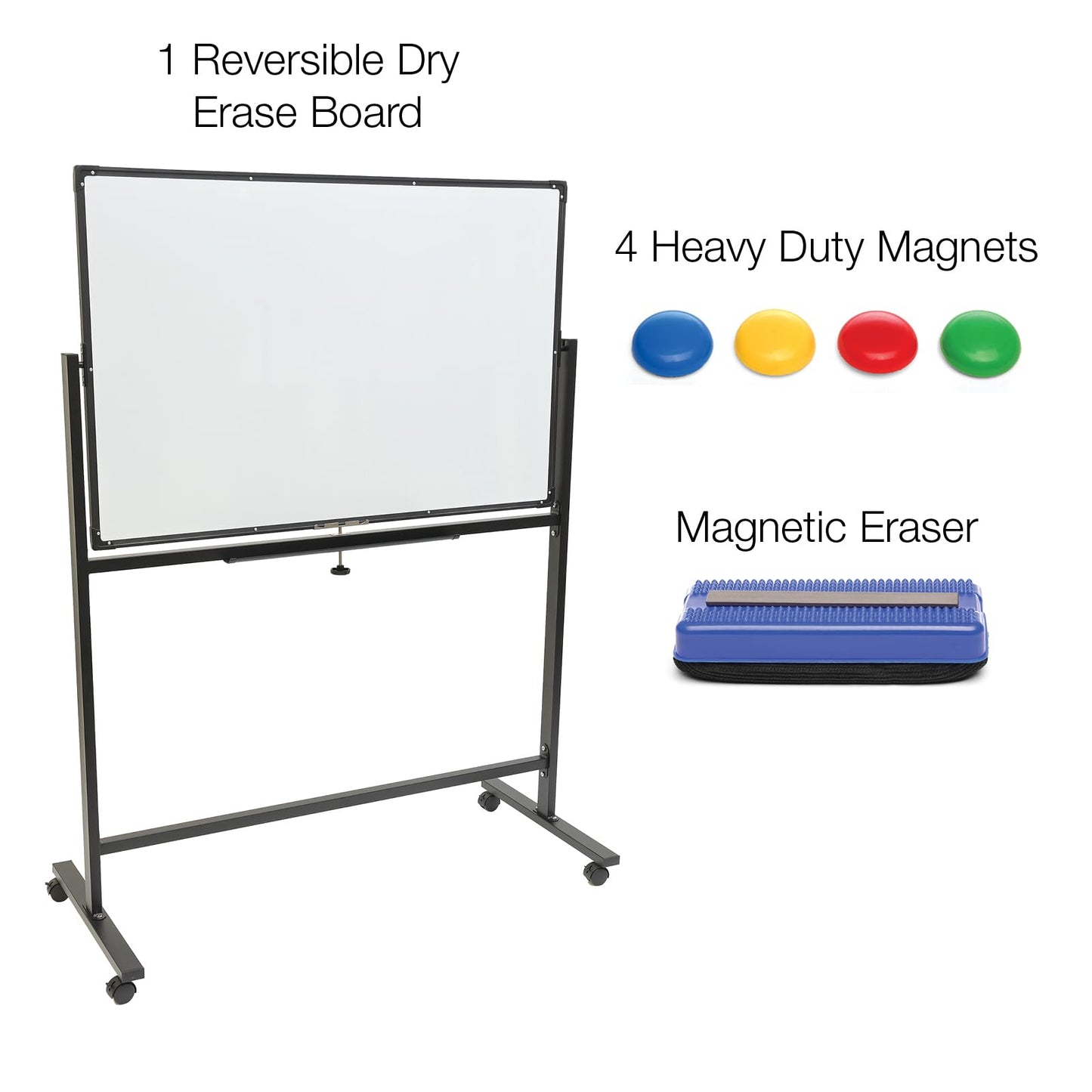 Excello Global Products Large 48"x32" White Board on Wheels: 1 Reversible Magnetic Dry Erase Board with Rolling Stand, 4 Dry Erase Markers, 1 Eraser, 4 Magnets, 1 Marker Tray (Black)