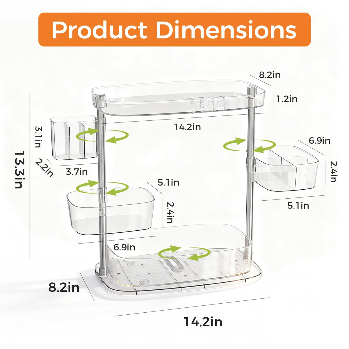 YOSHIONAL Rotating Makeup Vanity Organizer, Bathroom Countertop Cosmetic Skin Care Storage,Cosmetic Display Case with Brush Holder,for Skincare Perfume Cosmetics,Detachable Hanging Trays & Hooks