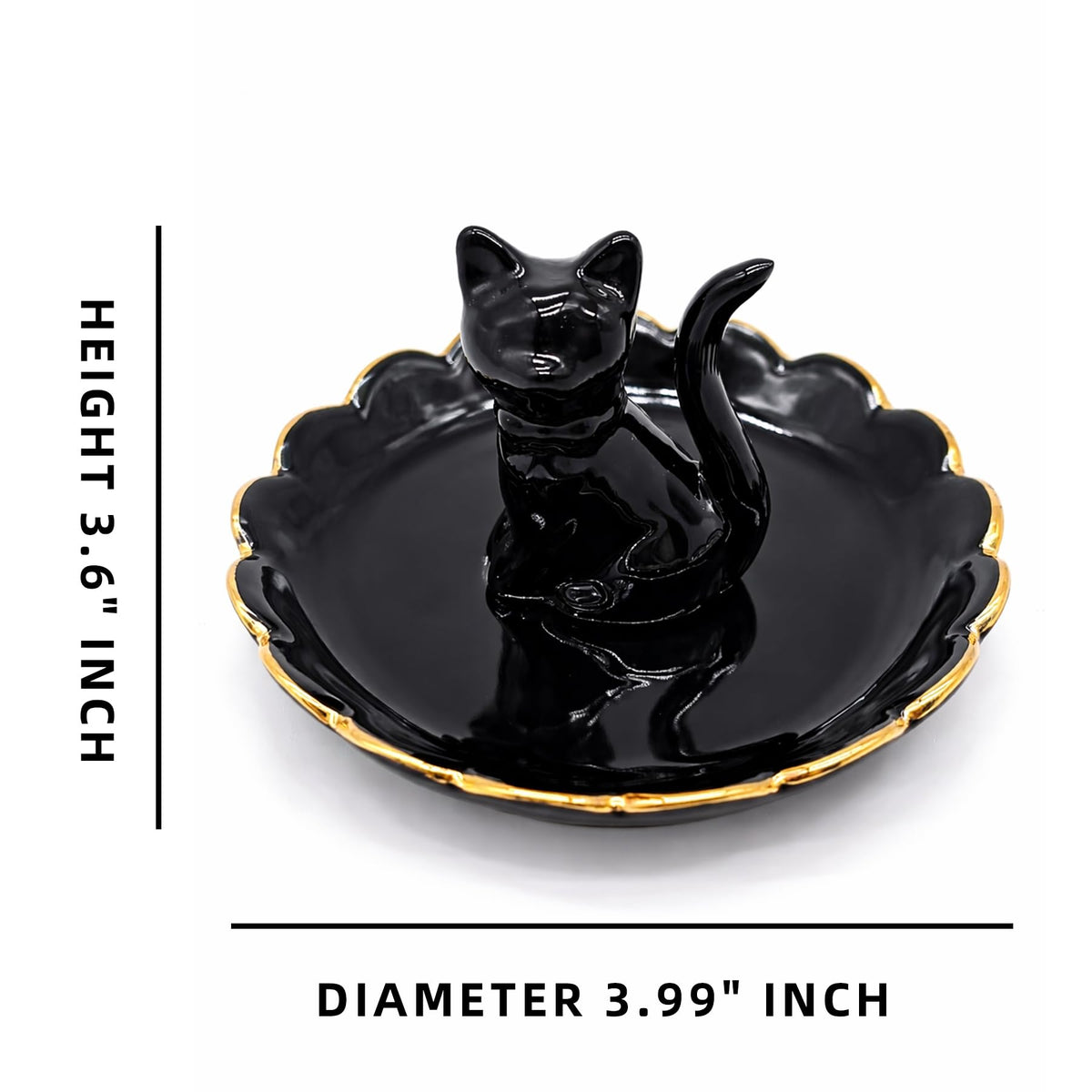 ROSA&ROSE Cat Ring Holder Trinket Tray Ceramic Jewelry Dish Porcelain Ring Organizer,Gift for Women,Girlfriend,Wife,Birthday or Anniversary(Black bow)