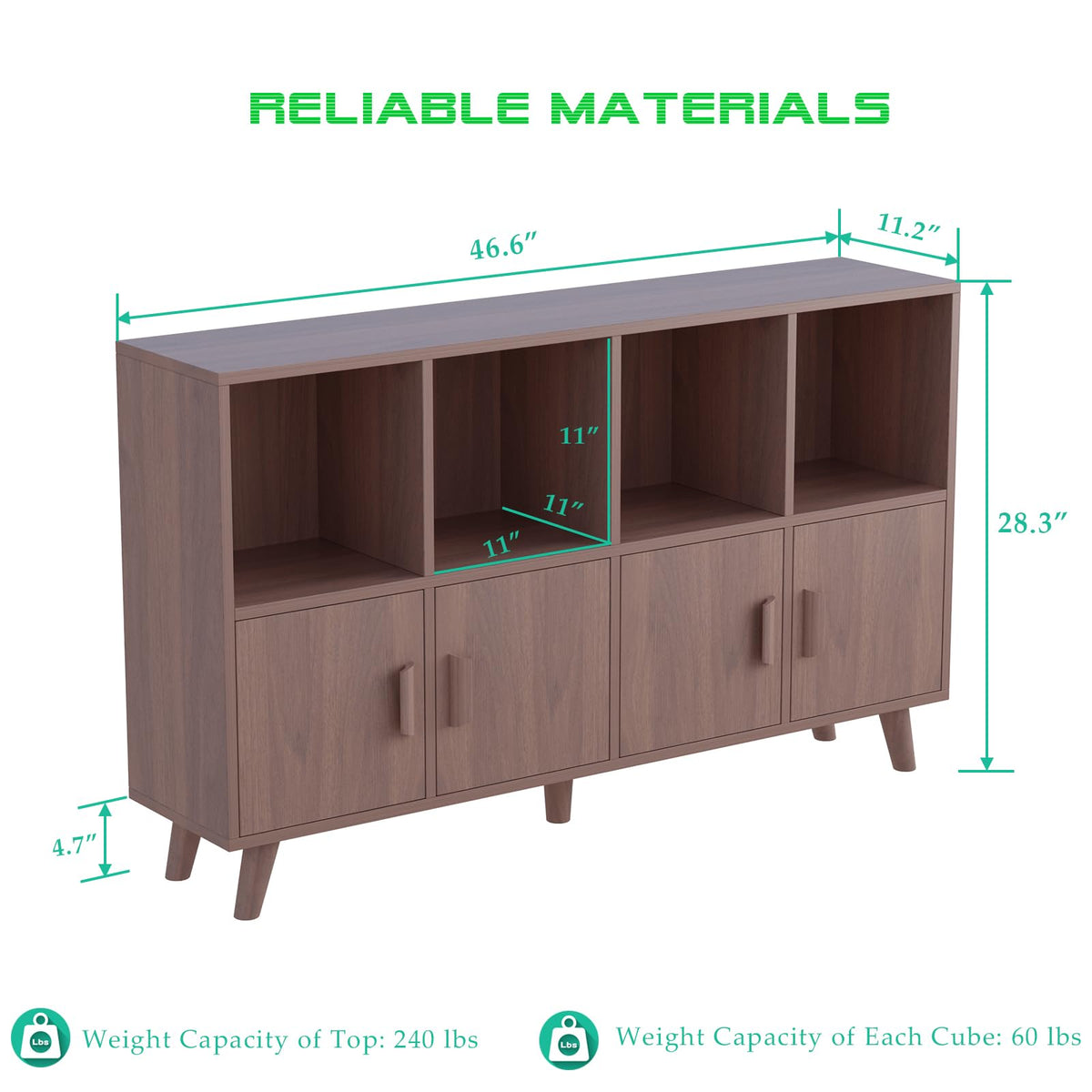 OSCHF Cubby Shelf Bookcase with Doors - Wooden 8 Cubes Floor Standing Open Bookshelf with Solid Wood Legs, 2-Tier Low Storage Cabinet, Walnut