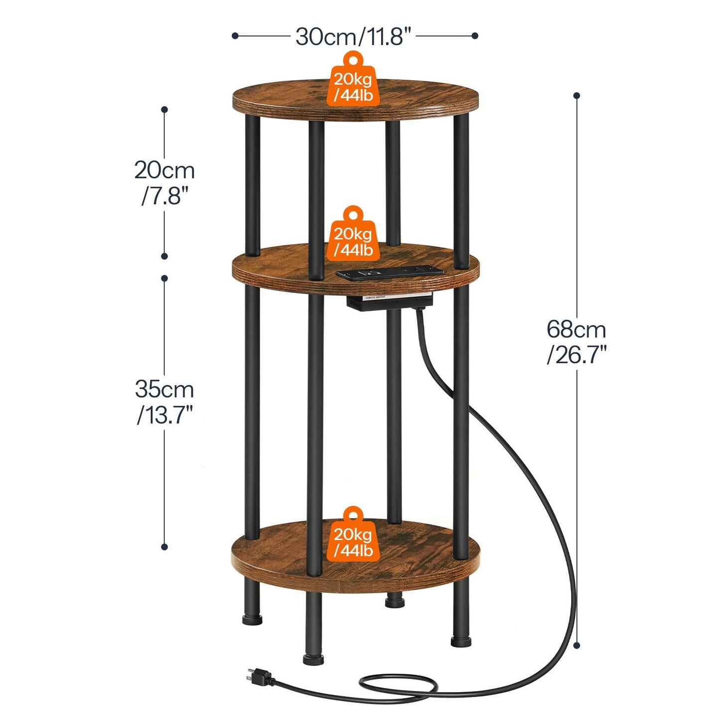 HOOBRO Small Round Side Table, 3-Tier Compact Sofa End Table with Charging Station, Circle Bedside Table Nightstand with Storage, for Small Space, Living Room, Bedroom, Rustic Brown BF219UBZ01