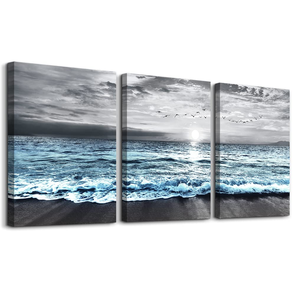 DZRWUBHS Wall Decorations For 3 Piece Framed Canvas Art Bedroom Office Decor Black &White Painting Blue Ocean Sea Wave Pictures Artwork Modern Beach Posters Home Decor,Blue Ocean Landscape Paintings