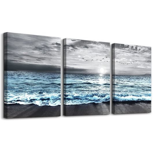 DZRWUBHS Wall Decorations For 3 Piece Framed Canvas Art Bedroom Office Decor Black &White Painting Blue Ocean Sea Wave Pictures Artwork Modern Beach Posters Home Decor,Blue Ocean Landscape Paintings