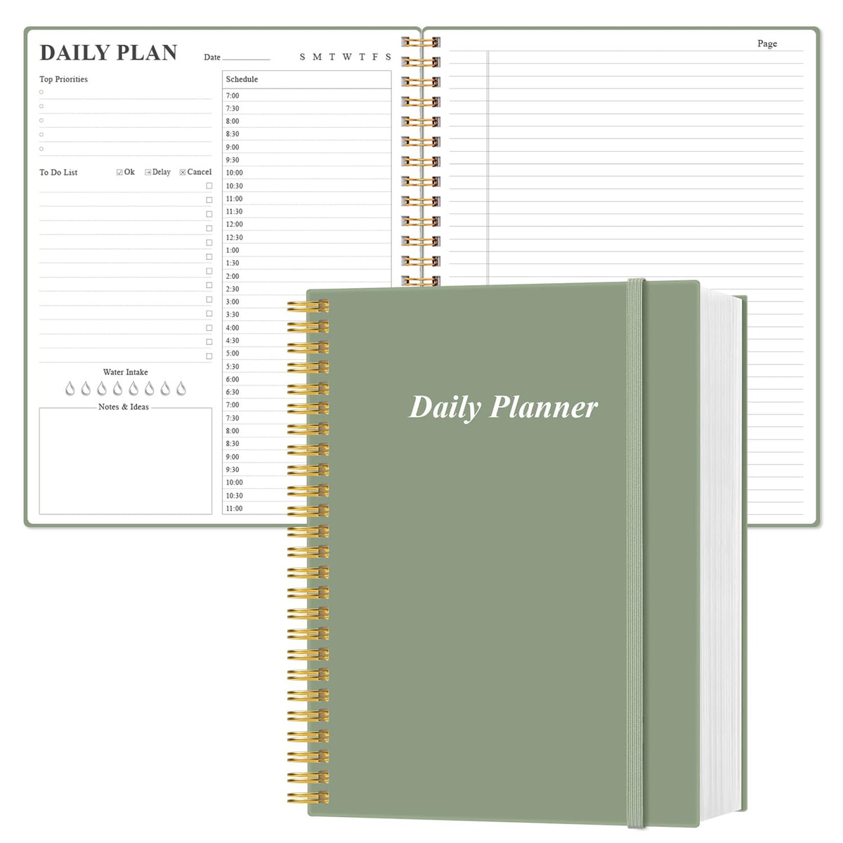 Daily Planner Undated - A4 To Do List Notebook Hourly Schedules, Spiral Appointment Planner for Women and Men,PVC Hardcover, Inner Pocket, Elastic Closure, 8.5" x 11", Green