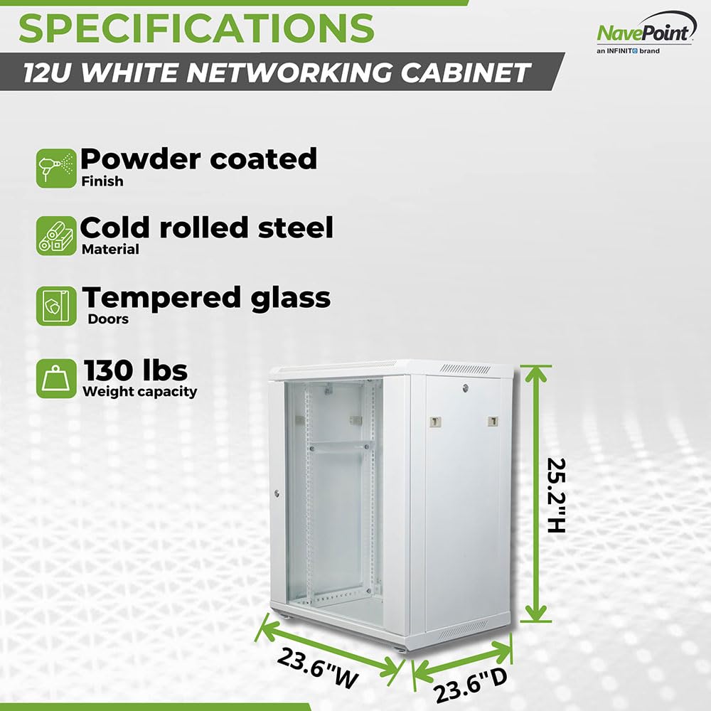 NavePoint 12U Network Cabinet with Glass Door – 12U Wall Mount Server Cabinet White 19” Rack for IT Equipment, AV Devices, Networking Equipment –23” Deep Server Rack Enclosure