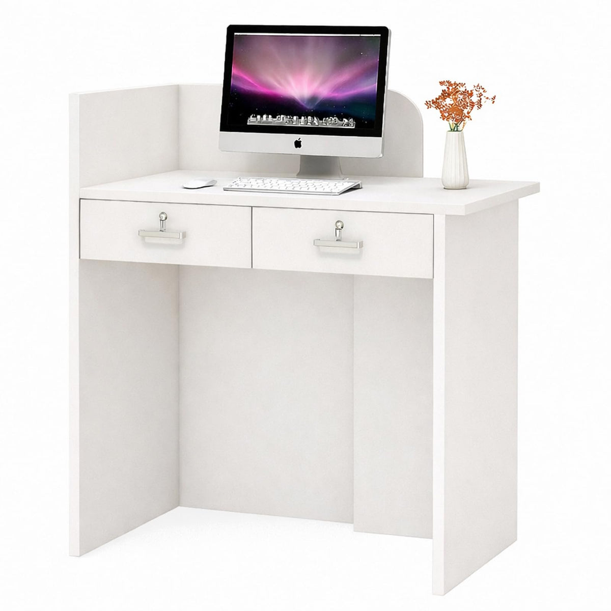 Small Reception Desk with Drawer, Compact Front Counter for Studio, Salon, Spa, Boutique — Modern Minimalist Check-in Table with Smooth Edge, Welcome Desk for Small Space (White, 23.6 in)