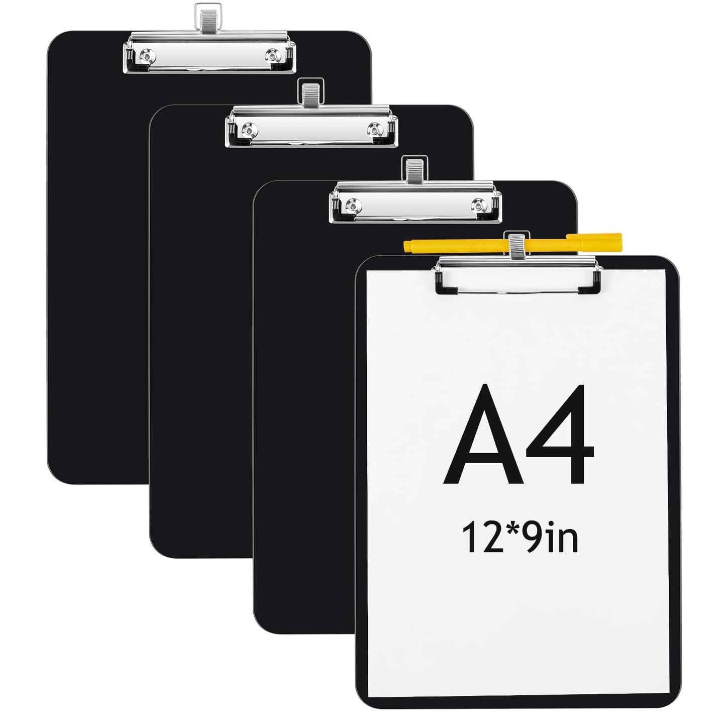 Jetec 4 Pcs Black Clipboards with Pen Holder, 12 x 9 Inch Hanging Plastic Board with Metal Clip, Holds 100 Sheets for Letter A4 Size Paper, Teachers Students Nurses Must Haves, School, Office Supplies