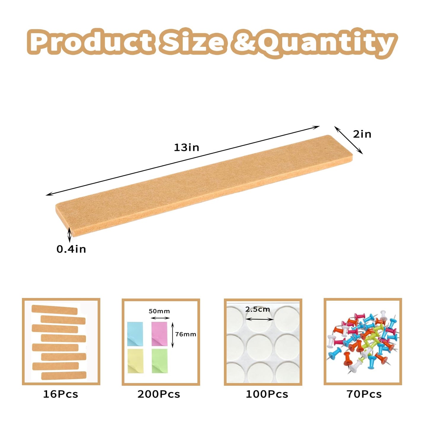 Felt Bulletin Board Strips for Wall 16 Pack 13"x2" - Felt Pinboard Strips with 70 Push Pins and 200 Sticky Notes, Adhesive Cork Board Alternative for Office, Dorm, Photos, Notes (Mix Blue)