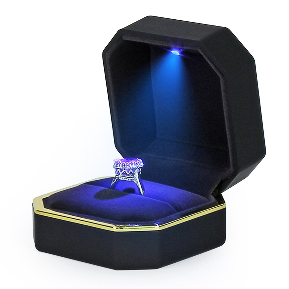 AVESON Luxury Ring Box, Square Velvet Wedding Ring Case Jewelry Gift Box with LED Light for Proposal Engagement Wedding, Black