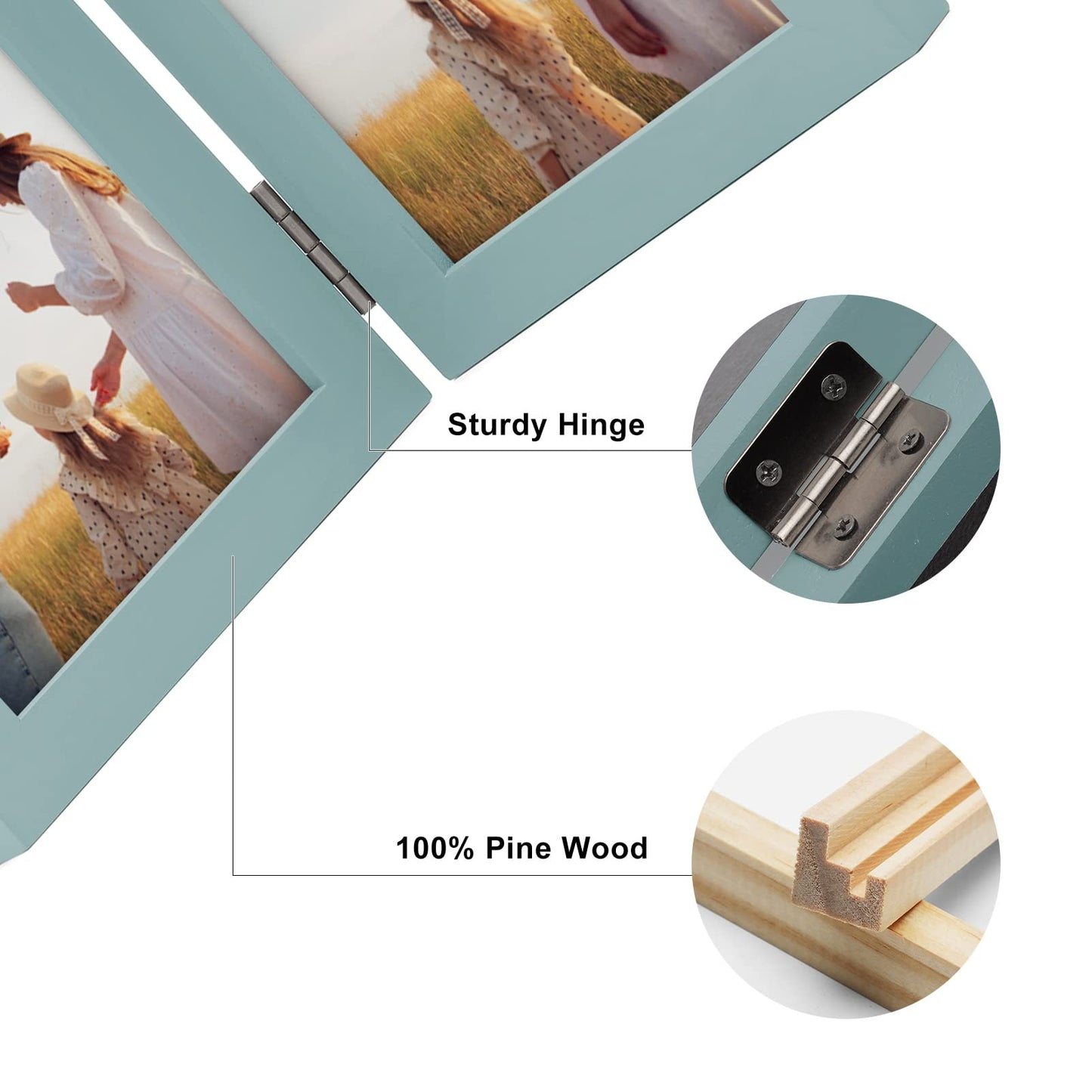 Janreefan Double Vertical & Horizontal 4X6 Picture Frames Hinged Folding Photo Frames in Teal Blue for Wall Hanging or Tabletop Standing, Made of Pine Wood with Real Glass P-S46H64-LAN