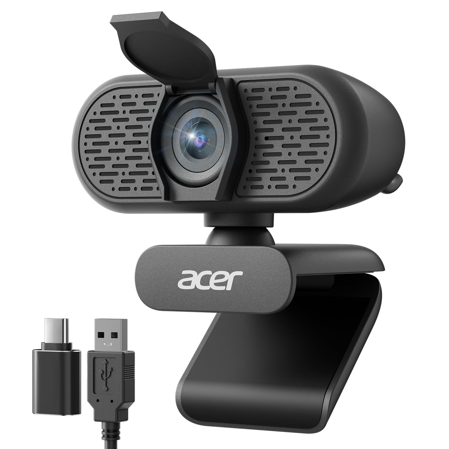Acer 1080p Webcam USB Plug and Play Webcam for PC with Noise Cancellation Microphones Computer Camera for Desktop Streaming Gaming Online Meeting Wide Angle Privacy Cover A-to-C Adapter Easy Setup