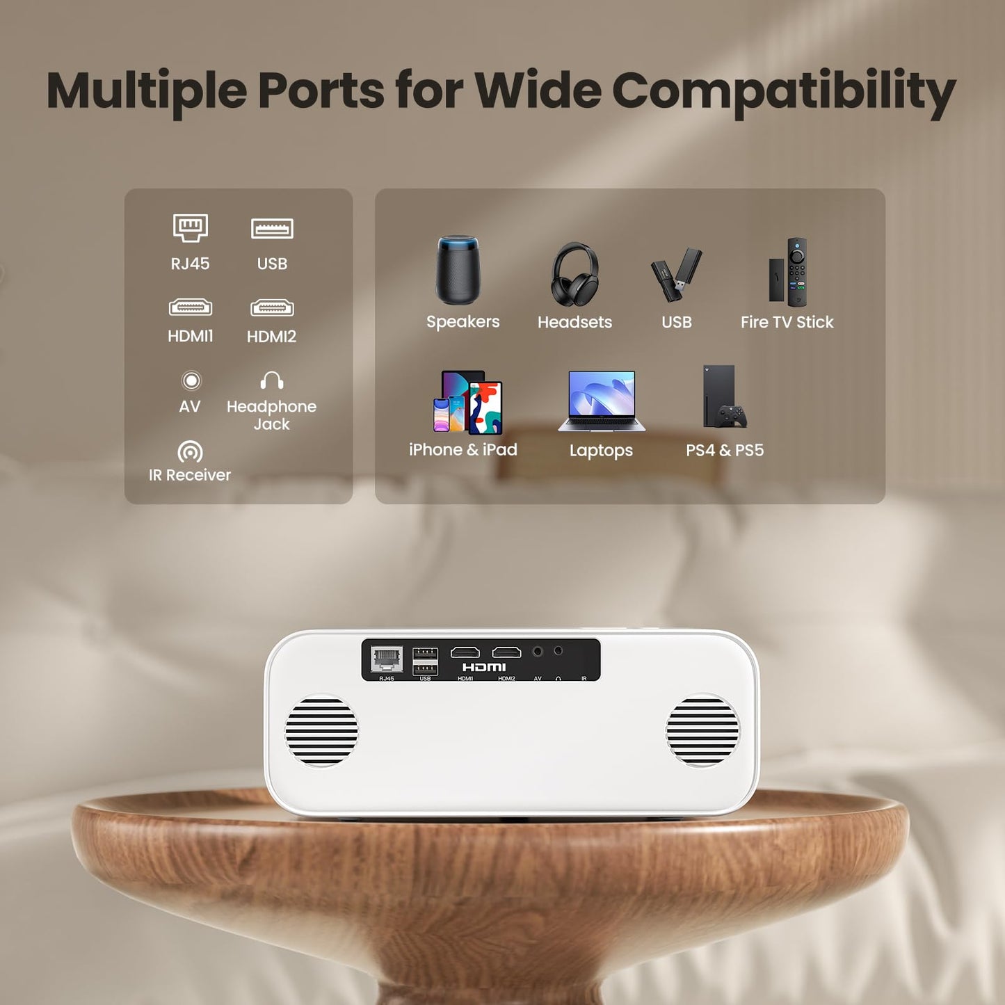 HUNKSTAR Mini Projector, 4K Support Projector with Wifi 6 and Bluetooth 5.2, 1000 ANIS Portable HD1080P Home Video Projector with Auto Focus, Suitable for Family Gatherings, Various Festivals (White)