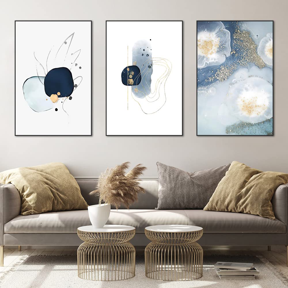 3 Framed Abstract Canvas Wall Art, Artwork in Blue, White and Grey, Simple and Elegant for Living Room Bedroom Office Decor