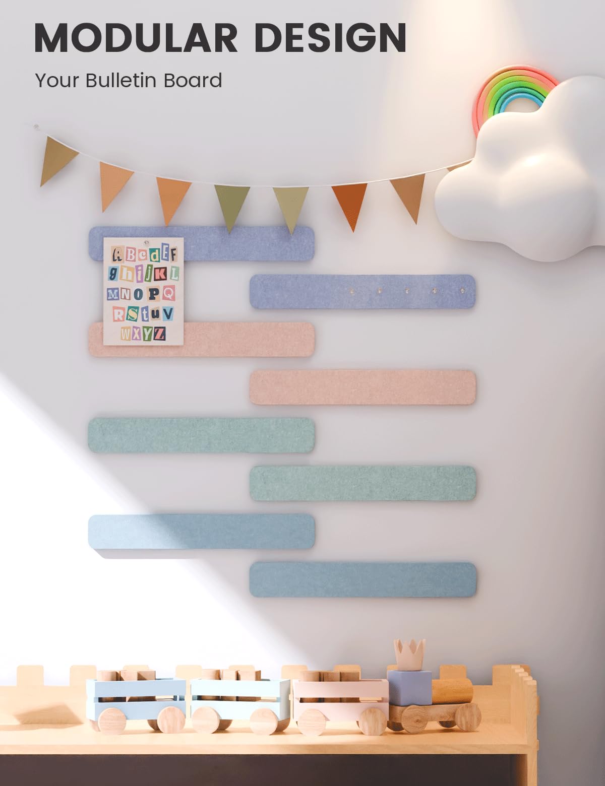 Cork Board Alternative Felt Strip Board 8-Pack 13"x2", Office Pin Board with 50 Push Pins, Adhesive Install for Bedroom Door & Home Office(Coastal Haze)