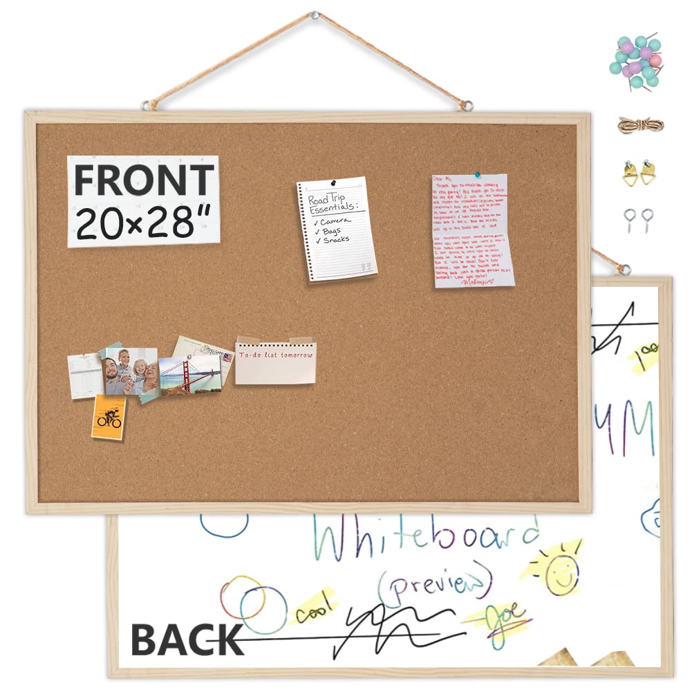 20” x 28” Cork Boards for Walls with Wooden Frame 1pack, Whiteboard and Cork Board Combo Double Sided Office Board for Wall Organizer, Bulletins Board Hanging Pin Board for School Home Office