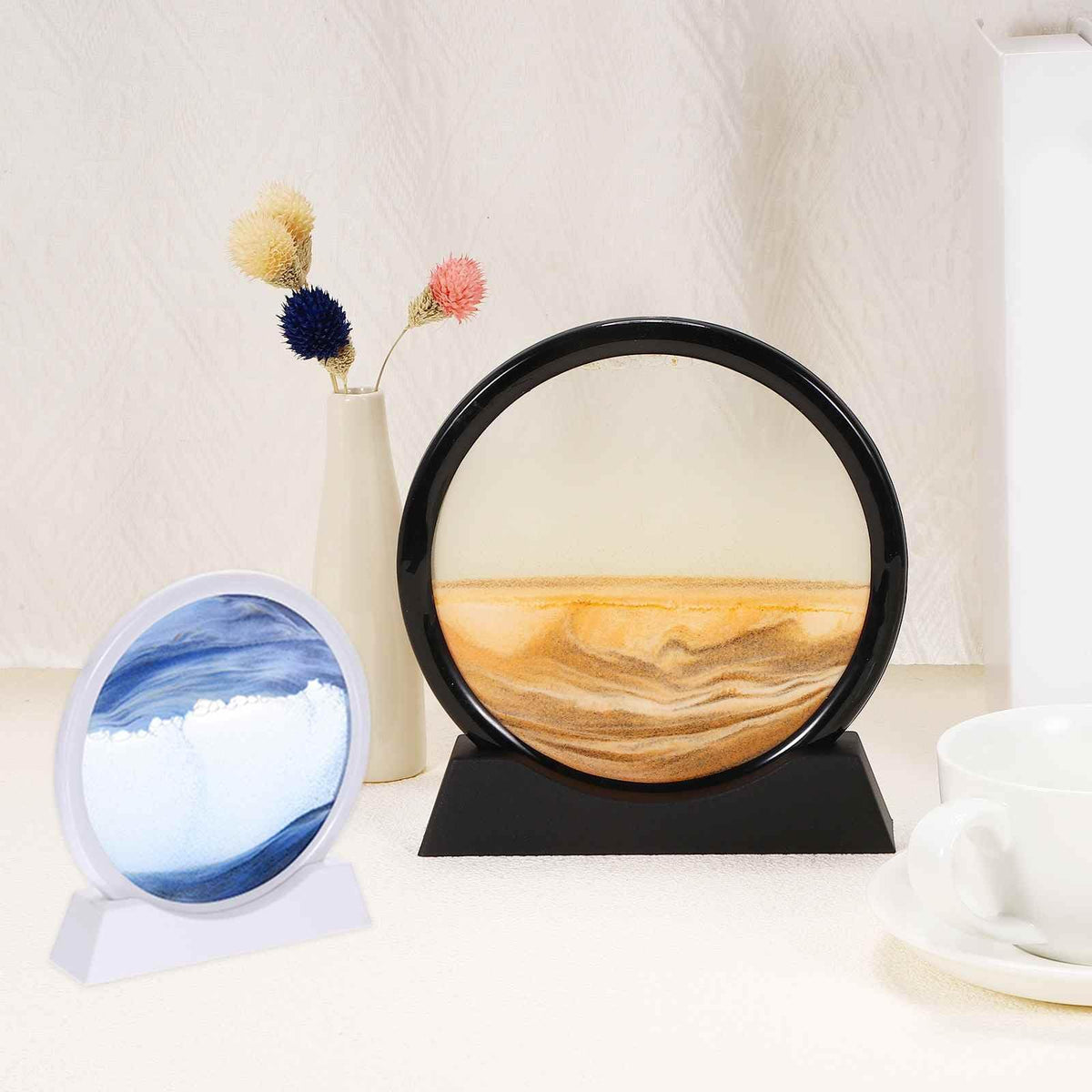 HEARTOOL Moving Sand Art Picture 7" Round Tempered Glass 3D Liquid Motion Deep Sea Flowing Sand Scene with Display Frame Perfect for Desktop & Office & Work Decoration (Red)