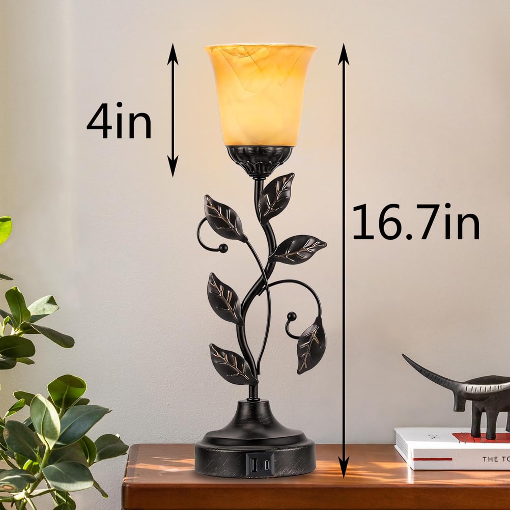 Modxian Vintage Bedside Touch Control Table Lamp 3 Way Dimmable, Amber Glass LED Reading Nightstand Light with 2 USB Charging Ports, Farmhouse Bronze Finish Leaf Desk Lamp for Living Room Bedroom