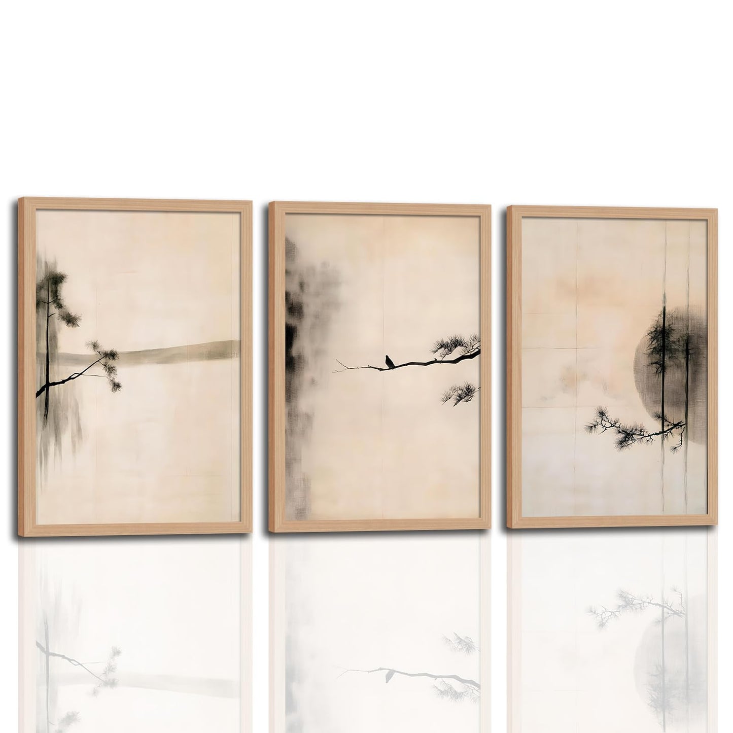 skysoon Minimalist Zen Wall Art Set of 3, Abstract Ink Landscape Canvas Prints, Neutral Pine Tree and Bird Artwork, Modern Japanese Scandinavian Wall Decor for Living Room Bedroom Office 16x24 Inch