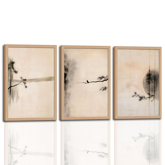skysoon Minimalist Zen Wall Art Set of 3, Abstract Ink Landscape Canvas Prints, Neutral Pine Tree and Bird Artwork, Modern Japanese Scandinavian Wall Decor for Living Room Bedroom Office 16x24 Inch