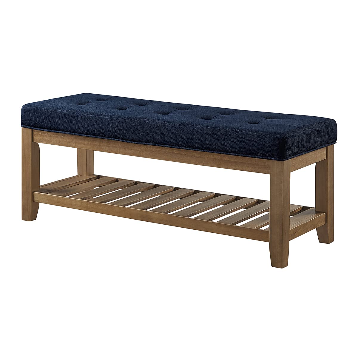 24KF Large Rectangular Upholstered Tufted Linen Fabric Ottoman Bench, Padded Bench with Solid Wood Shelf-Navy Blue