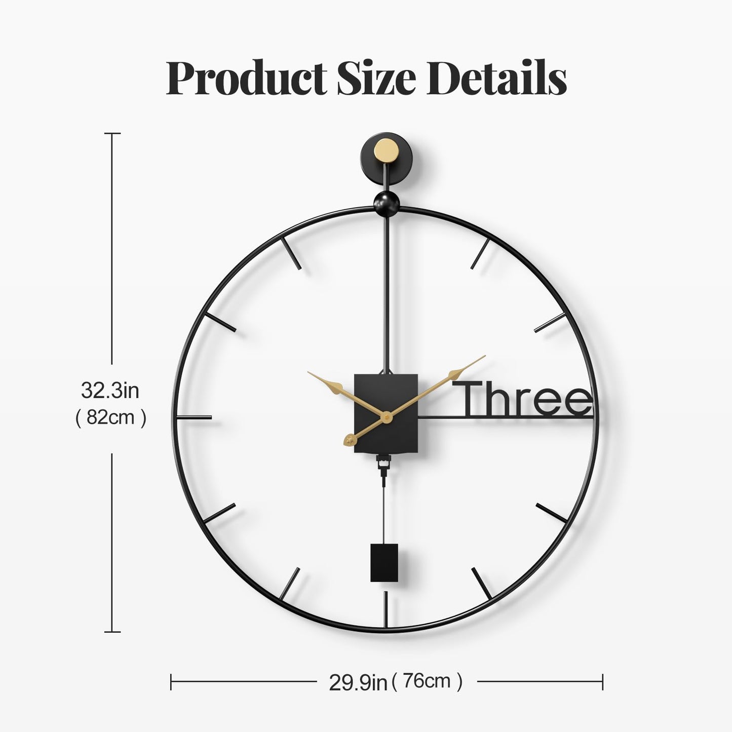Cuspin 30 inch Large Wall Clocks Battery Operated Wall Clock with Pendulum, Silent Non-Ticking Metal Clock for Living Room Decor, Modern Decorative Hanging Clock for Bedroom, Office, Kitchen, Home