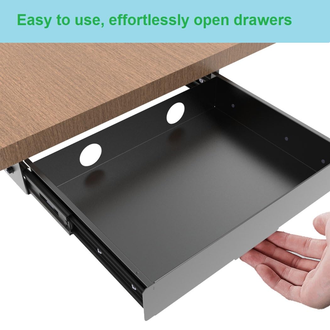 Mofangtech Under Desk Mounted Slide out Drawer, W 13.4" x D 9.3" Storage Organizer with Cable Management，Pull Out Add-On Storage for Office & Standing Desks with High Crossbar, Metal, Black (Medium)