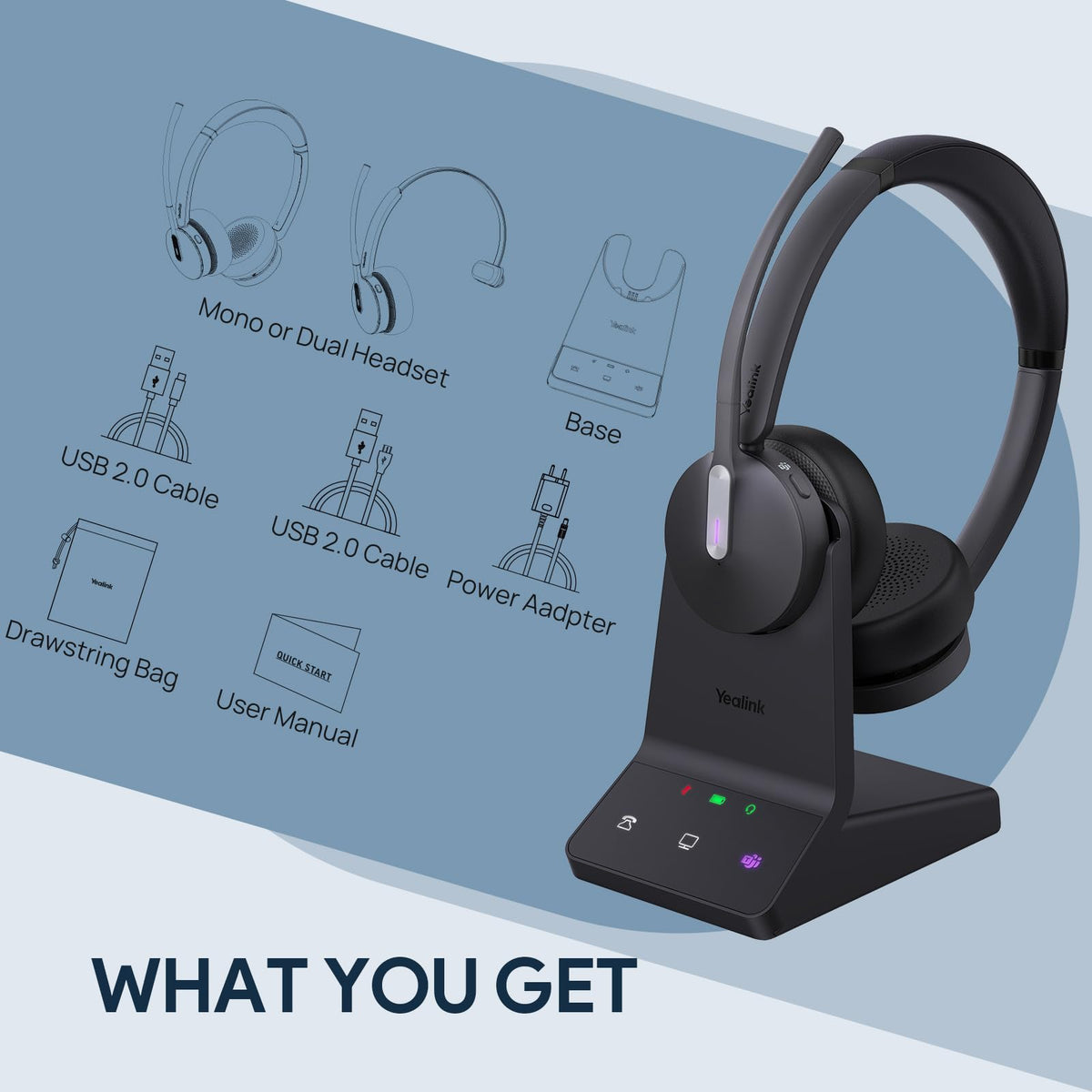 Yealink WH64 Mono UC DECT & Bluetooth Wireless Headset, 606ft Range, Single On Ear Work Headphones with 3X Noise Cancelling Mic, 26 Talk Time, Office Desk IP Phone, PC, Computer