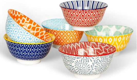 KitchenTour Ceramic Bowls Set - 20 oz Serving Bowls For Kitchen - Cereal, Ice Cream, Soup, Salad, Rice, Dessert Ceramic Bowls - Assorted Colorful Set of 6 - Microwave Dishwasher Safe - 6 Inch