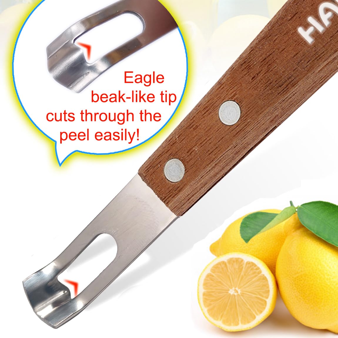 HAMOER Channel Knife Zester - Fruit and Vegetable Tool for Decorating Cocktails, Desserts, and Salads Stainless Steel Tip Wooden Handle