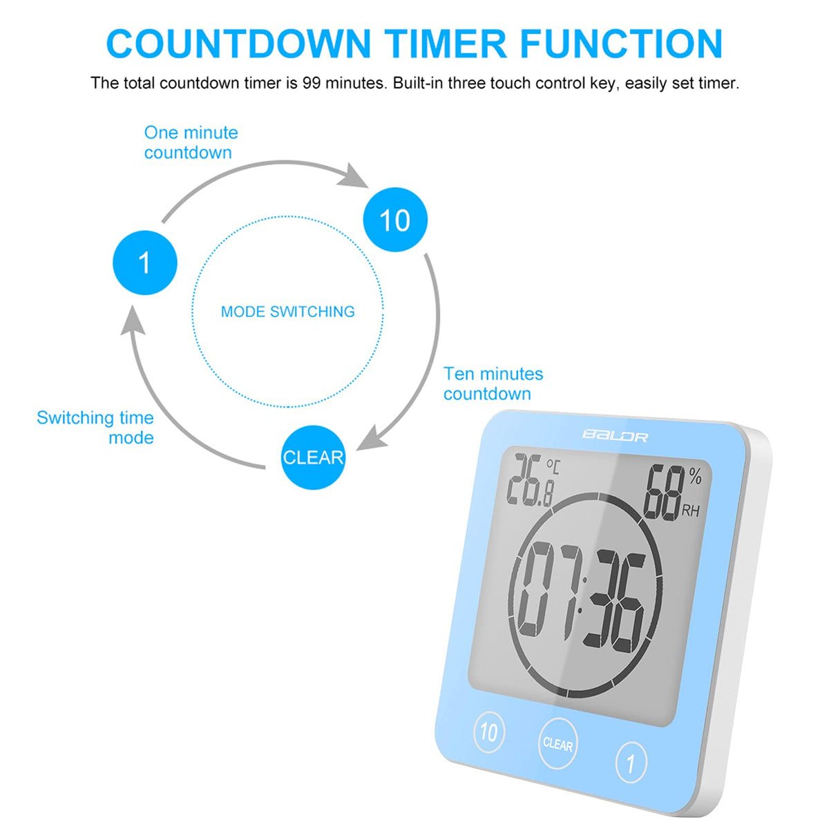 Digital Bathroom Shower Wall Clock Timer, LCD Digital Wall Clock with Suction Waterproof Temperature Humidity Gauge, Touch Screen Timer, Large Countdown Visual Timer Hanging Wall Clock