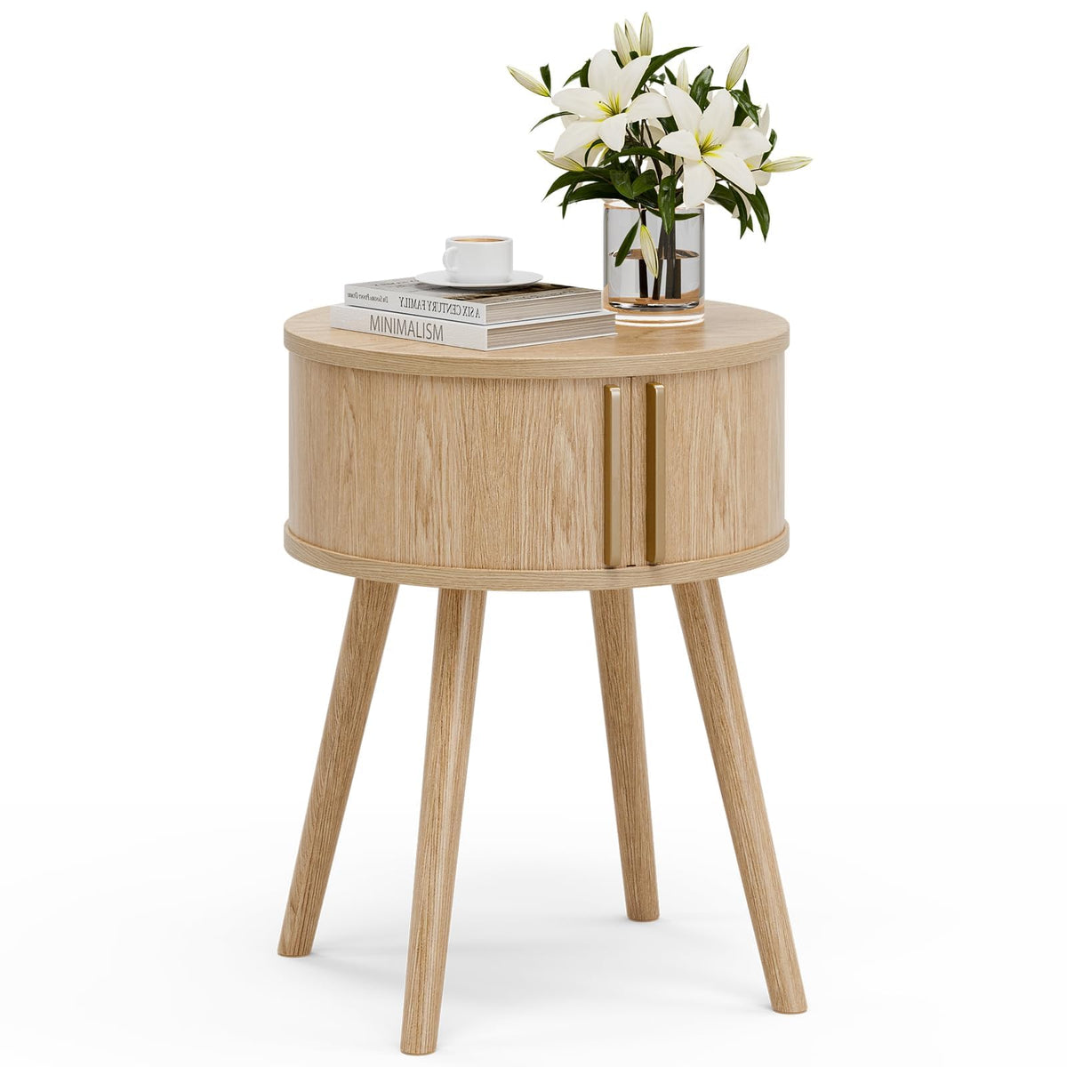 ZttRiee Side Table with Sliding Door & Cabinet, End Table for Living Room, Night Stand for Bedroom, Modern Bedside Table with Solid Wood Legs, Natural