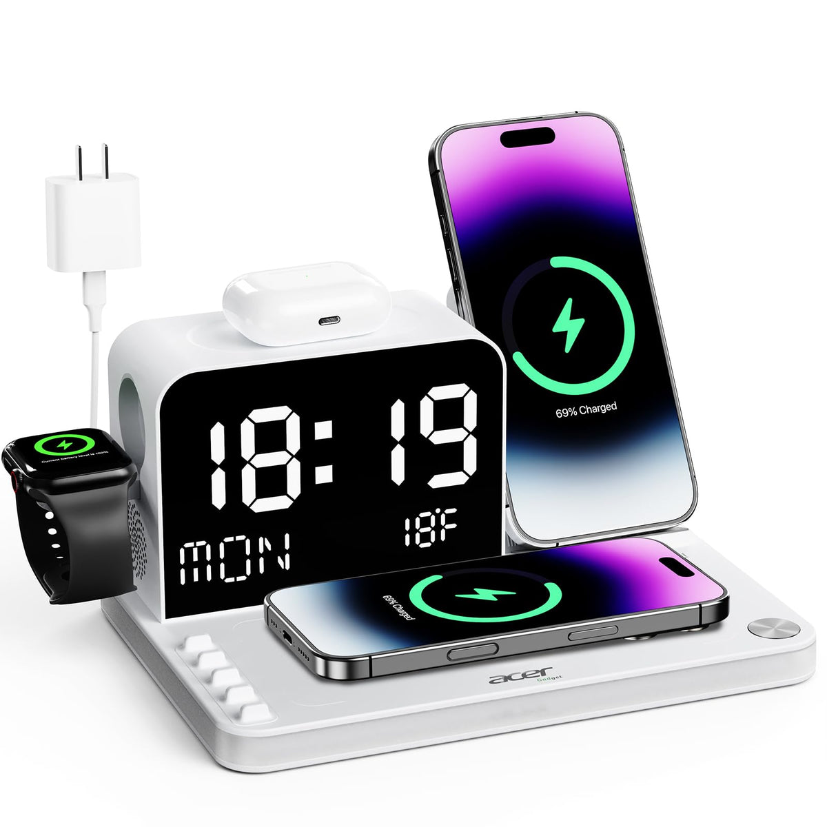 Acer 7-in-1 Wireless Charging Station with LED Clock - 30W Fast Wireless Charger for iPhone 16/15/14/13/12/Pro Max, Apple Watch, AirPods - Bluetooth Auto Time Sync & Night Lights (White)