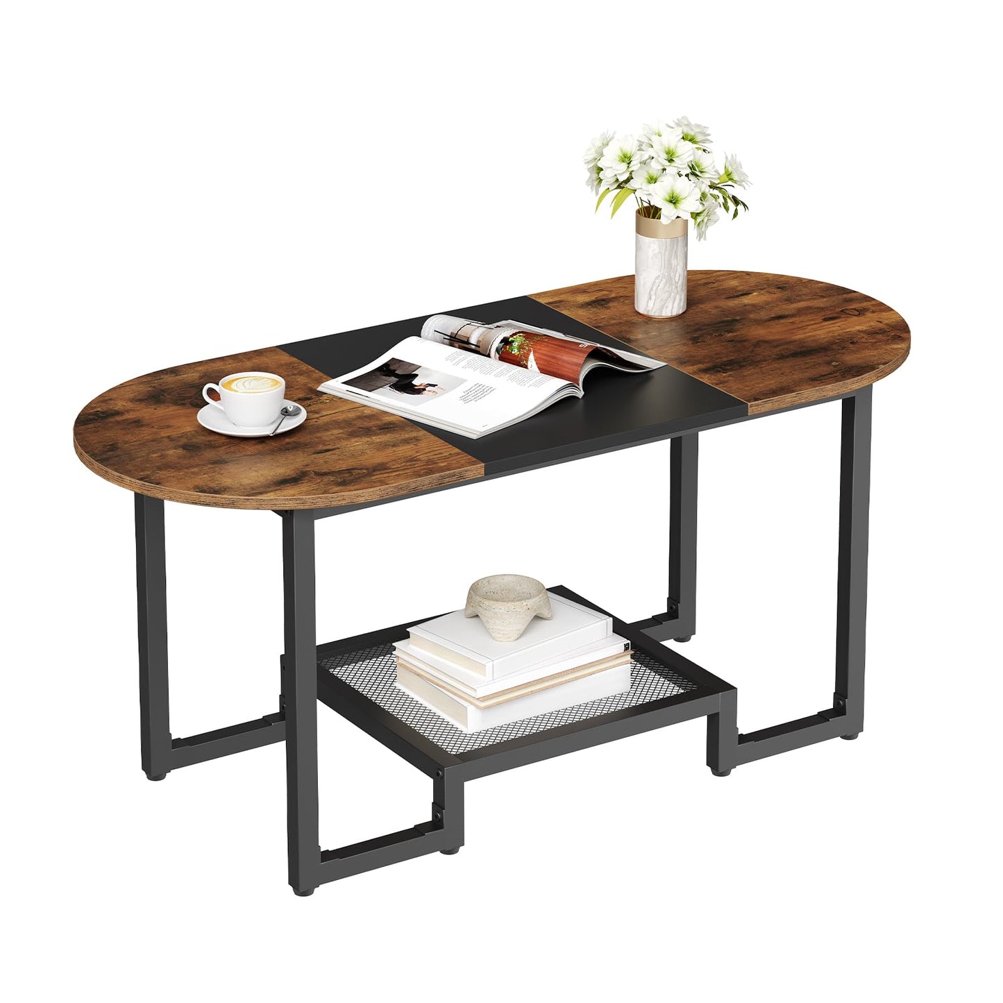 HOOBRO Coffee Table, Oval Small Coffee Table with 2-Tier Storage Shelf, Narrow Modern Center Table for Small Spaces, Living Room, Bedroom, Office, Rustic Brown and Black BFK12KF01