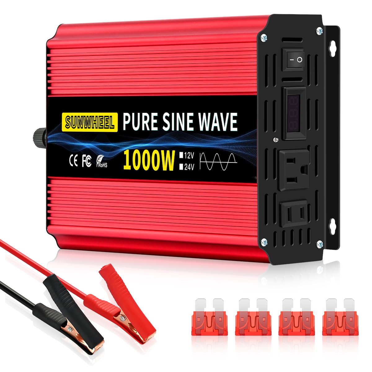 SUNWHEEL 1000W Pure Sine Wave Inverter, 12V DC to 110V/120V AC Power Inverter for RV、Off Grid、Truck with 2 AC outlets and LCD Display