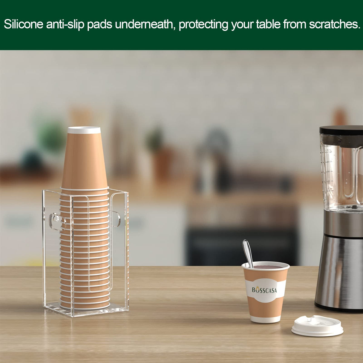 BOSSCASA Disposable Coffee Cup Dispenser with Handles, Countertop or Wall Mount Hot/Cold Drink Cup and Lid Holder - Bathroom/Kitchen/Office Acrylic Cup Lid Storage Organizer (1 Compartment, Clear)
