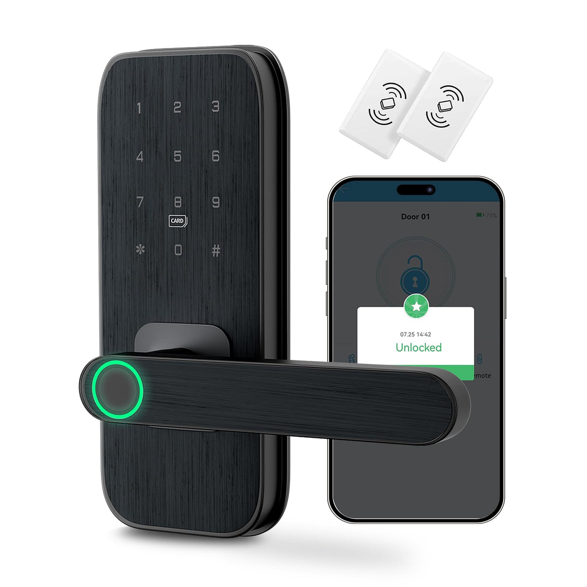 Fingerprint Door Lock with Handle for Bedroom, 5-in-1 Keyless Entry Smart Lock, TTLock App, Keypad, RFID Card & Key, Auto Lock, Guest Codes, Easy DIY Install for Front Door, Office, Airbnb