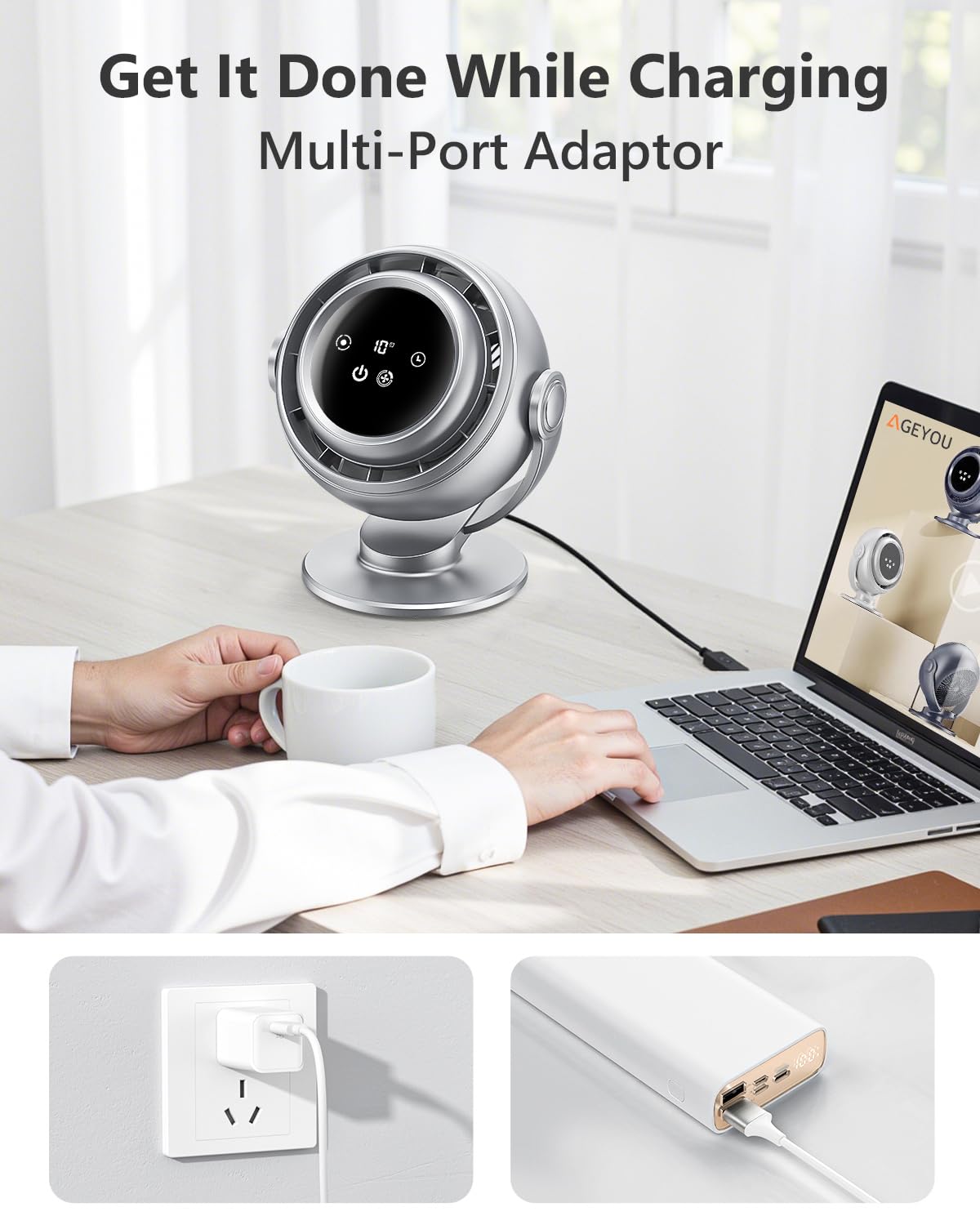 AGEYOU Desk Fan for Office, 90°Oscillating Fan with 6000mAh Rechargeable, 10 Speeds 4H Timer 270°Tilt Adjustment, 28dB Ultra-Quiet Portable Personal Table Fans, Gifts for Christmas Women Men Home