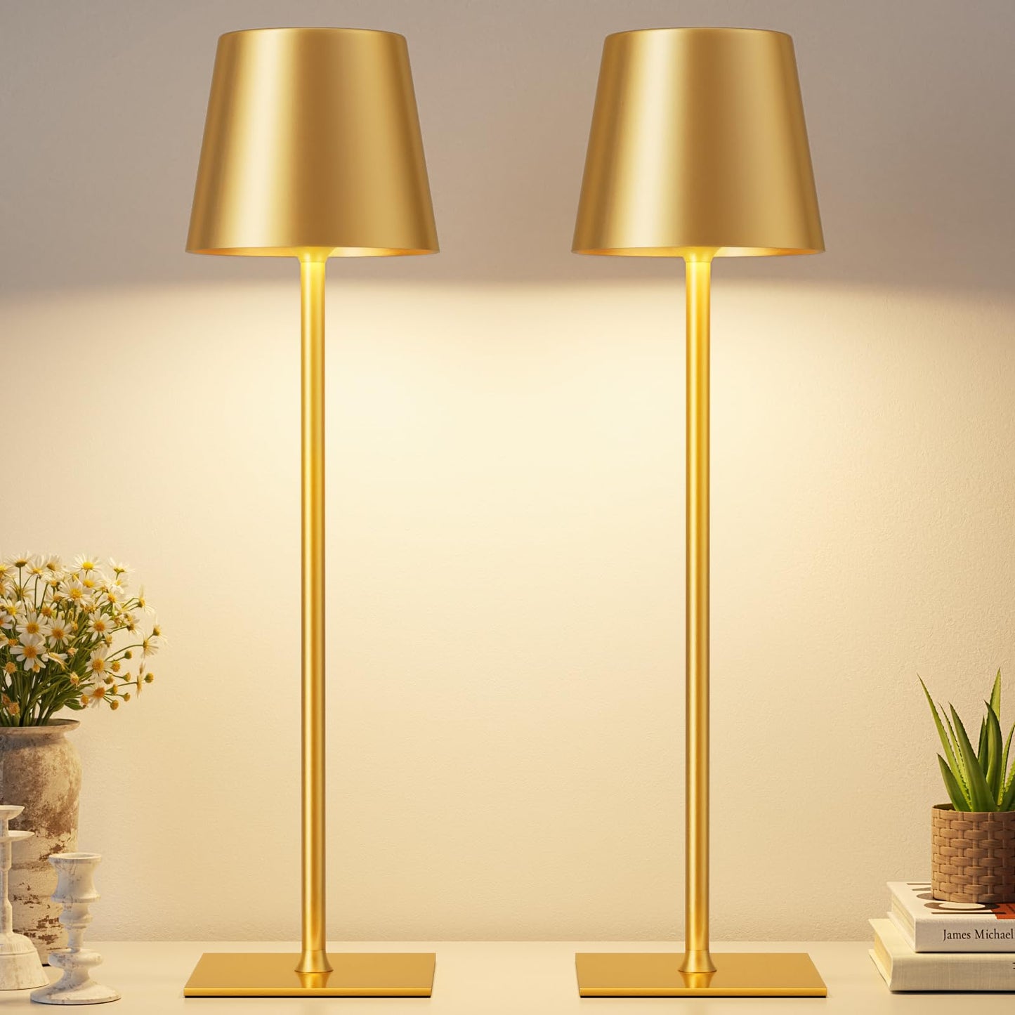 Gold Cordless Rechargeable Table Lamp, 2 Pack Portable Desk Lamp with 5000mAh Battery, Touch Control Stepless Dimming, Wireless Night Light for Dining, Outdoor Camping, Coffee Shop, Water Repellent