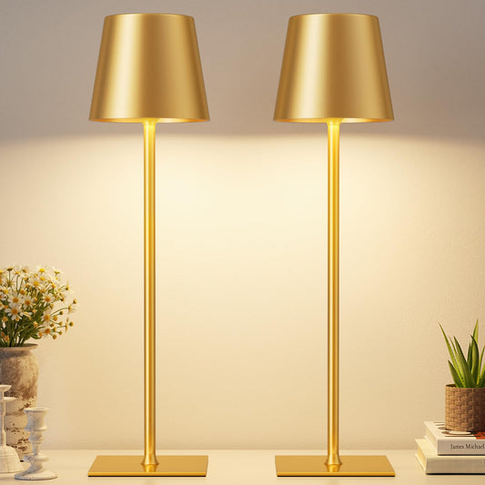 Gold Cordless Rechargeable Table Lamp, 2 Pack Portable Desk Lamp with 5000mAh Battery, Touch Control Stepless Dimming, Wireless Night Light for Dining, Outdoor Camping, Coffee Shop, Water Repellent