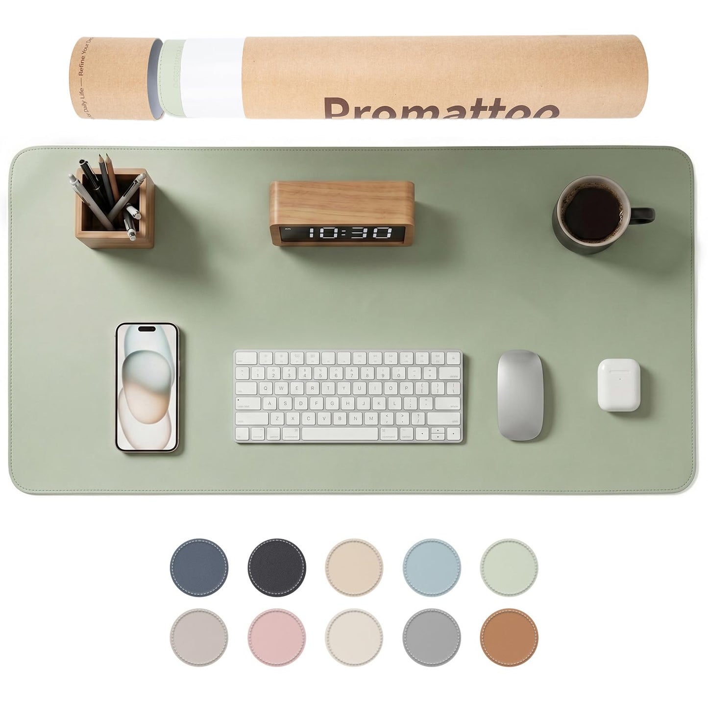 PROMATTOO Large Desk Pad Non-Slip Desk Mat Protector for Keyboard Mouse Waterproof Vegan Leather Surface Faux Leather Laptop Mat Smooth Mouse Pad Premium Gift Tube Matcha Green 35" x 17"