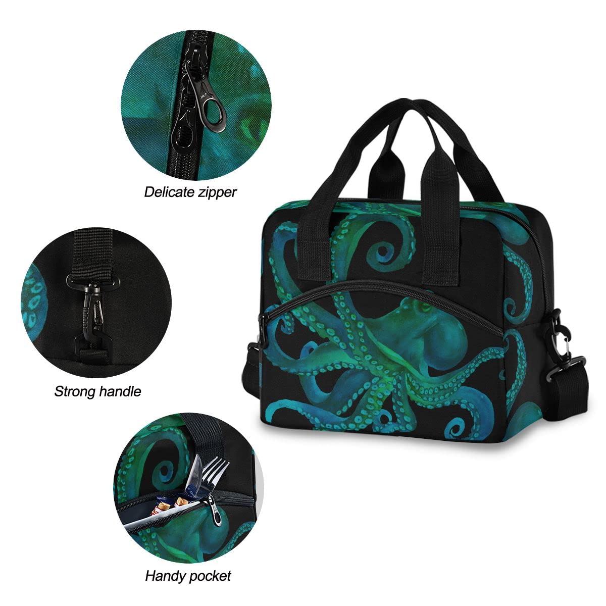 Insulated Lunch Bag for Women Men Watercolor Green Sea Octopus Lunch Box Reusable Lunch Cooler Bag Large Lunch Tote Bag for Work Picnic Travel School