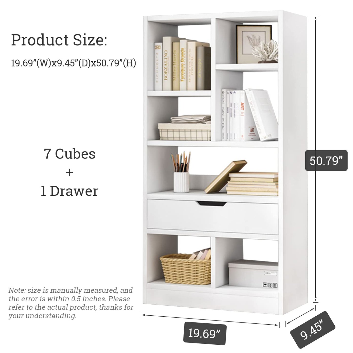 IOTXY Wooden Open Shelf Bookcase - 51 Inches Height Freestanding Display Storage Cabinet Organizer with 7 Cubes and a Drawer, Floor Standing Bookshelf in Warm White