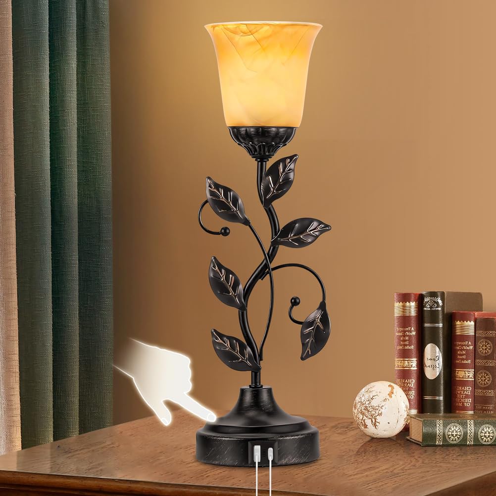 Modxian Vintage Bedside Touch Control Table Lamp 3 Way Dimmable, Amber Glass LED Reading Nightstand Light with 2 USB Charging Ports, Farmhouse Bronze Finish Leaf Desk Lamp for Living Room Bedroom