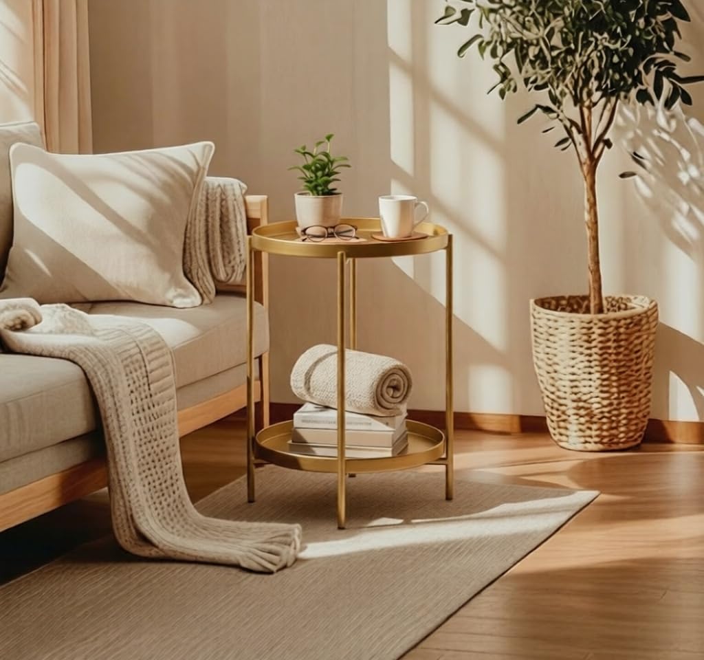 TeoKJ 2 Tier Gold Side Table, Folding Round Metal End Table Small Nightstand with Two Removable Tray for Bedroom Living Room Small Spaces Bedside Gold