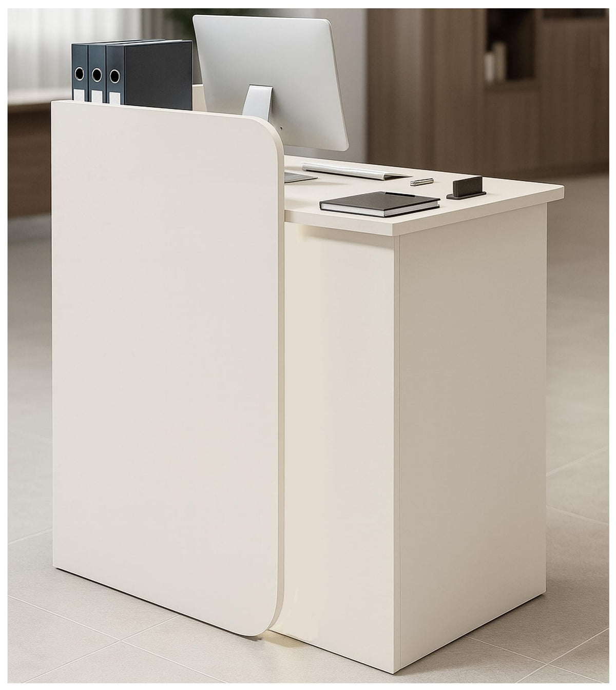 Small Reception Desk with Drawer, Compact Front Counter for Studio, Salon, Spa, Boutique — Modern Minimalist Check-in Table with Smooth Edge, Welcome Desk for Small Space (White, 23.6 in)
