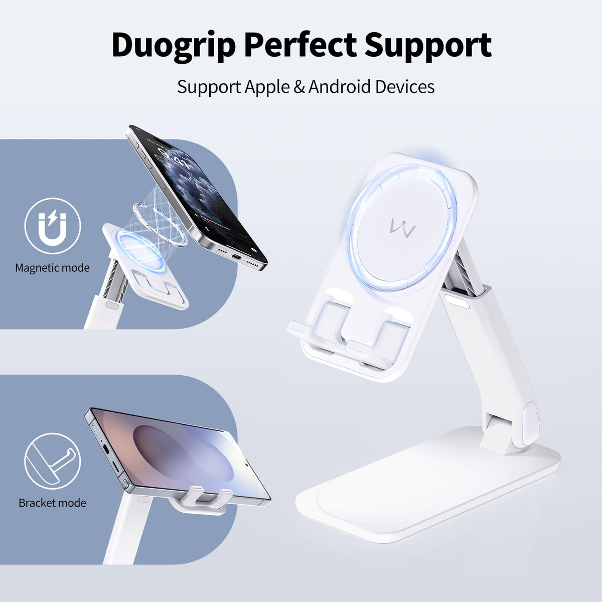 iWALK Magnetic Cell Phone Stand for Desk, Angle and Height Adjustable Mobile Phone Holder, Foldable Magnet Stand for iPhone 17 16 15 14 13 12 Pro Max and iPad, Cell Phone Holder for Samsung, White