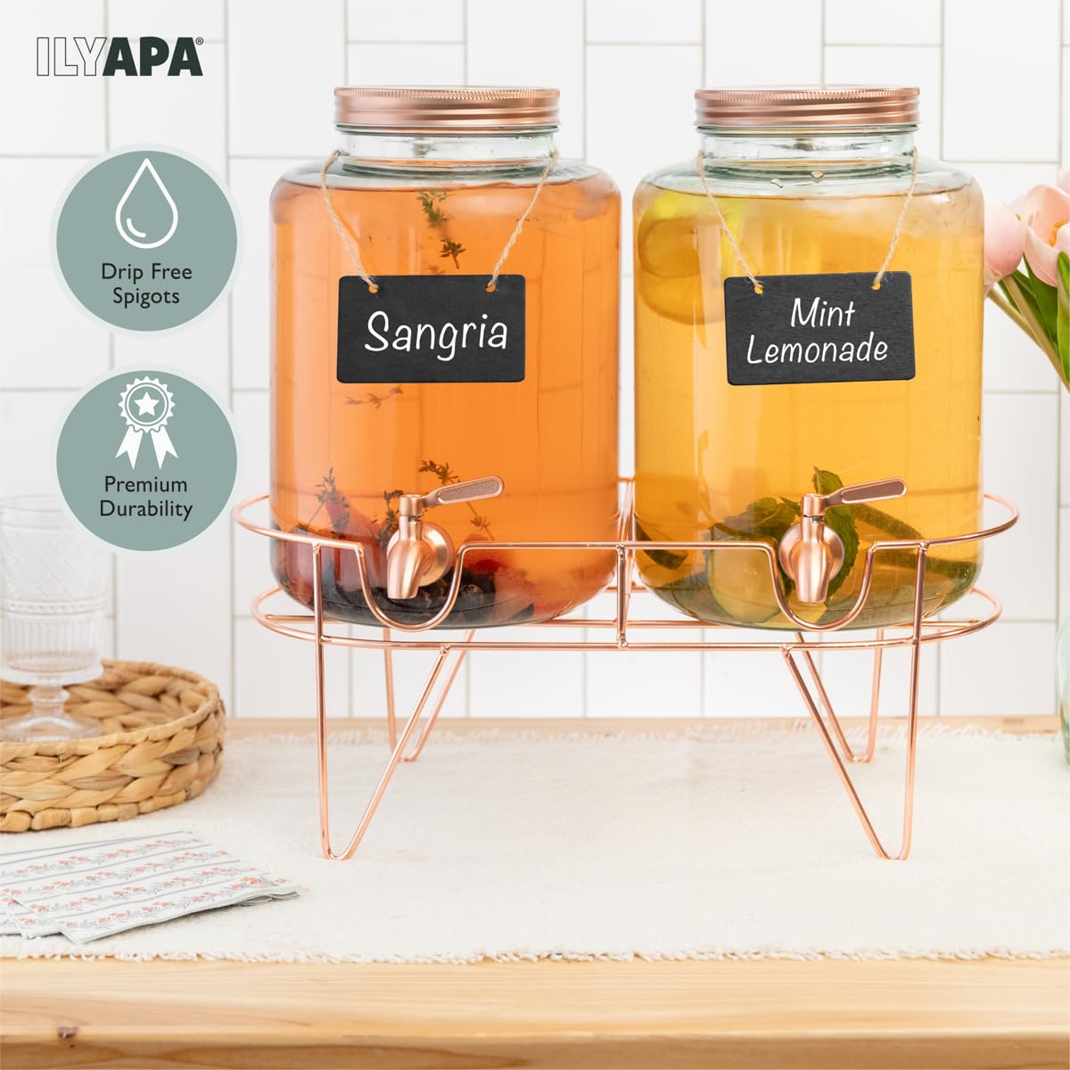 Ilyapa Rose Gold Double Glass Beverage Dispenser with Stand - 2 Gallon Large Drink Dispensers for Parties with Stainless Steel Spigot For Drinks