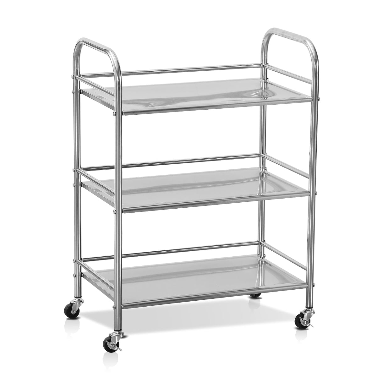Stainless Steel Utility Cart - 3-Tire Metal Rolling Small Service Cart on Wheels for Salon Labs Clinic - Flat Top Kitchen Storage Organizer Shelf Trolley for Livingroom Office